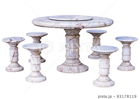 Antique chinese round marble dining table set with rotating tray isolated on white background 83178119