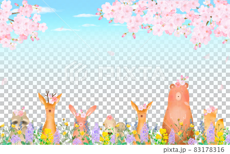 森の動物が満開の桜の木の下にいる北欧風かわいい青空バックのフレームイラストベクター素材  83178316