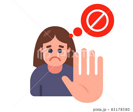 sign of a girl who shows a stop hand gesture. 83178580