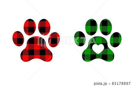 Dog paw silhouettes with Christmas buffalo patterns. Canine footprints with gingham checkered print. Vector flat illustration Dog paw silhouettes with Christmas buffalo patterns. Canine footprints with gingham checkered print. Vector flat illustration 83178897