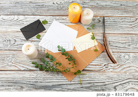 Top view of letter to Santa Claus concept. Paper on wooden background with holiday decorations 83179648