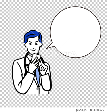 帶智能手機的男醫生上半身線圖和氣球的白色背景線圖 83180327