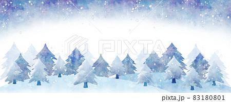冬のフレーム 雪と樹々と夜空 横長 のイラスト素材