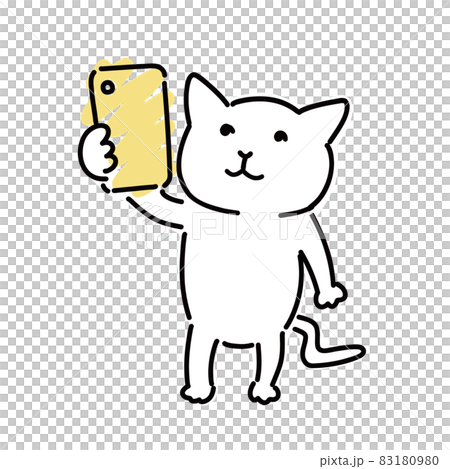 A cute white cat taking a photo with a smartphone 83180980