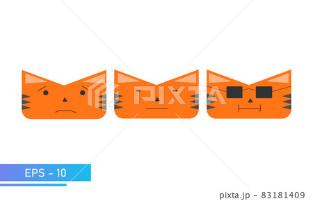 Cat or tiger face in orange color with emotions, indifferent, cute, cool. Symbol of 2022 year. Icon. Isolated on a white background. Flat vector illustration. 83181409