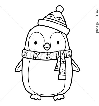 Christmas coloring book or page. Christmas penguin black and white vector illustration 83182336
