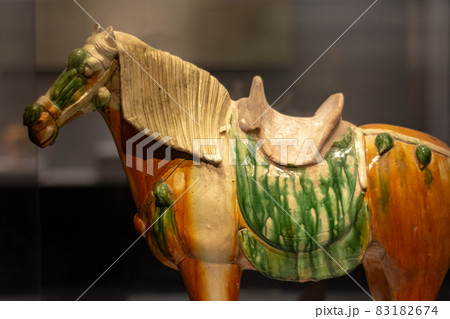 Tang Dynasty clay pottery statue of a horse in Luoyang Museum in Luoyang, China 83182674