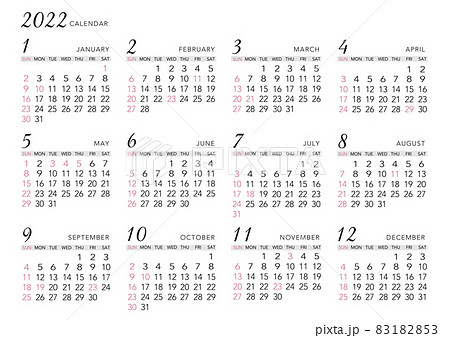 22 年間カレンダー 背景白ヨコ型のイラスト素材 1853
