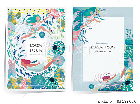 Vector illustration of a frame template design set with women swimming in a mysterious underwater world with various creatures. A cheerful and cool image for the summer season.   83183626