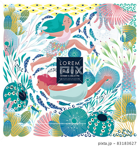 Vector illustration of a frame template design with women swimming in a mysterious underwater world with various creatures. A cheerful and cool image for the summer season.  	 83183627