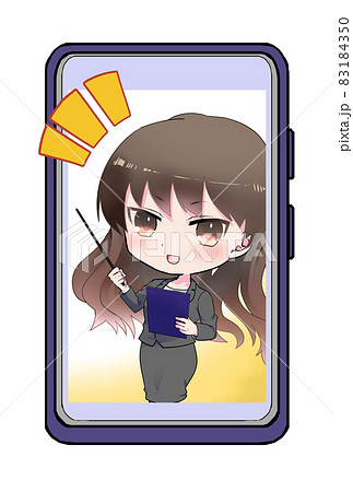 イラスト素材 携帯電話の中から指差す可愛いスーツの女性の挿絵イラストのイラスト素材