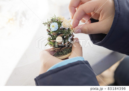 ワークショップで松ぼっくりのクリスマスツリーを作る小学生手元 83184396