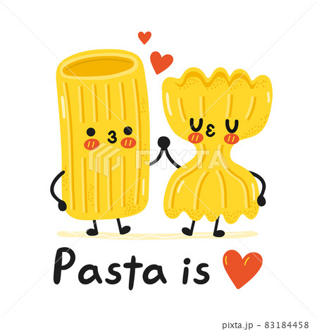 Cute funny macaroni pasta noodles character. Pasta is love slogan. Vector cartoon kawaii character illustration icon. Isolated on white background. Cute macaroni noodles pasta cartoon mascot concept 83184458