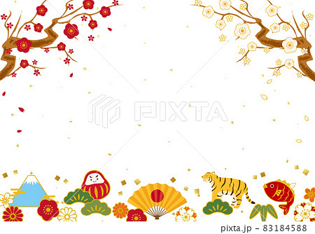 お正月の縁起物と寅の和風なベクターイラスト背景のイラスト素材 1845