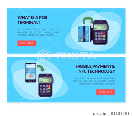 Payment and Money Transfer with Point of Sale Terminal and Plastic Card Vector Template 83185403