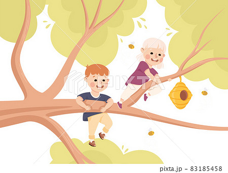 Happy Boy and Girl on Tree Branch Near Beehive Having Fun Enjoying Summer Vector Illustration 83185458