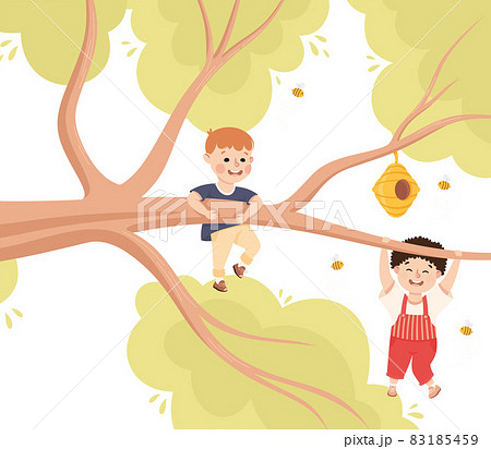 Happy Boy Hanging on Tree Branch Near Beehive Having Fun Enjoying Summer Vector Illustration Happy Boy Hanging on Tree Branch Near Beehive Having Fun Enjoying Summer Vector Illustration 83185459
