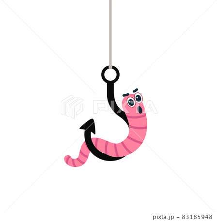 Cartoon worm on a hook. Emotion horror. vector - Stock
