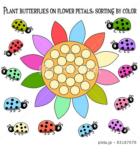 Children's educational game for the little ones to find the matching color, butterflies and flowers Children's educational game for the little ones to find the matching color, butterflies and flowers 83187076