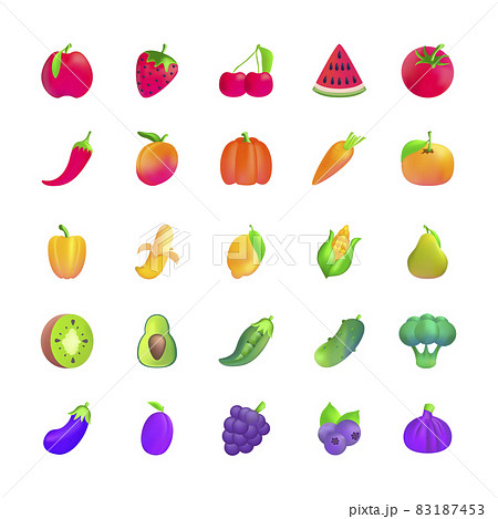 Realistic Detailed 3d Color Fluent Fruit and Vegetable Icon Set Include of Cherry, Cabbage, Pear, Banana and Strawberry. Vector illustration 83187453