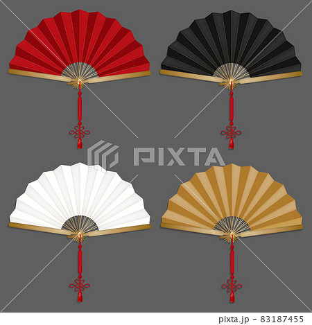 Realistic Detailed 3d Color Chinese Hand Fans Set. Vector illustration of Traditional Oriental Paper Folding Fan 83187455