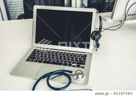 Headset and doctor equipment at clinic ready for actively support for patient 83187564
