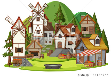 Medieval village with villagers on white background 83187577