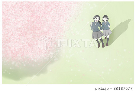 ぼかしを入れた桜と女の子2人のイラストのイラスト素材