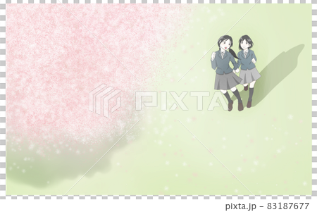 ぼかしを入れた桜と女の子2人のイラストのイラスト素材