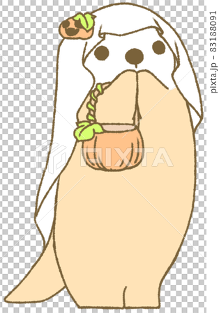 立ちあがって両手を口元にあてている仮装をしたハロウィンを楽しむラッコ（橙色） 83188091