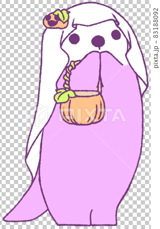 立ちあがって両手を口元にあてている仮装をしたハロウィンを楽しむラッコ（紫色） 83188092