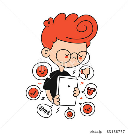 Kid boy getting bullied. Cyberbullying signs in smartphone. Vector cartoon character flat line illustration. Isolated on white background. Bullying at internet, cyberbullying, media concept 83188777