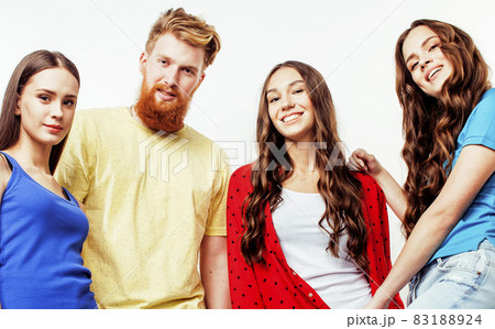company of hipster guys, bearded red hair boy and girls students having fun together friends, diverse fashion style, lifestyle people concept isolated on white background company of hipster guys, bearded red hair boy and girls students having fun together friends, diverse fashion style, lifestyle people concept isolated on white background 83188924