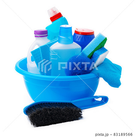 Cleaning items in a blue basin isolated on white background Cleaning items in a blue basin isolated on white background 83189566