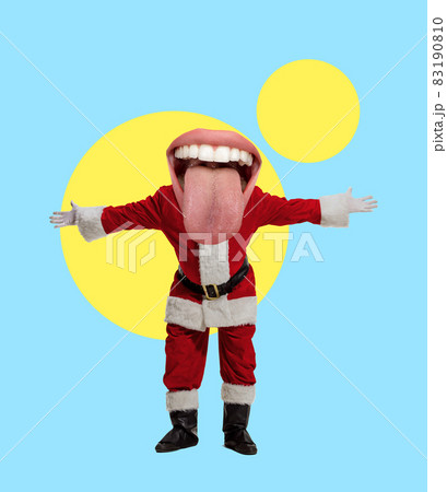 Emotional Santa Claus headed of open female mouth congratulating with New Year and Christmas 2022, Contemporary art work Emotional Santa Claus headed of open female mouth congratulating with New Year and Christmas 2022, Contemporary art work 83190810