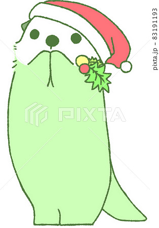サンタの帽子をかぶって立ちあがって両手を口元にあてるラッコ(緑色) サンタの帽子をかぶって立ちあがって両手を口元にあてるラッコ(緑色) 83191193