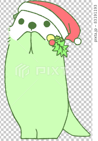 Sea otter wearing a Santa hat, standing up and putting both hands on his mouth (green) 83191193
