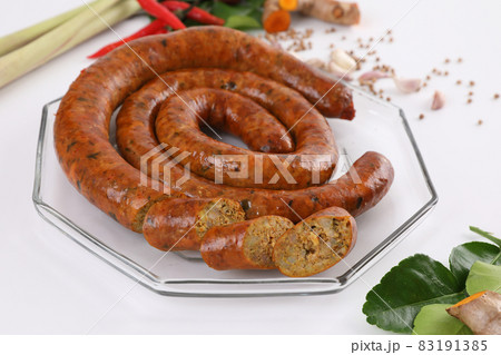 Local Northern Thai food , Northern Thai spicy sausage street food isolated in white background 83191385