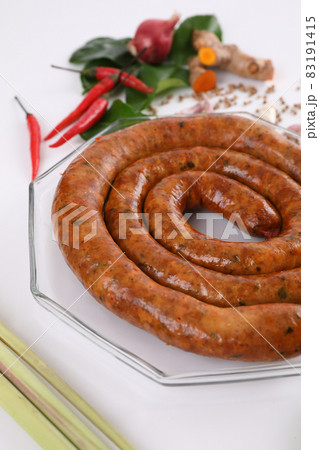 Local Northern Thai food , Northern Thai spicy sausage street food isolated in white background Local Northern Thai food , Northern Thai spicy sausage street food isolated in white background 83191415