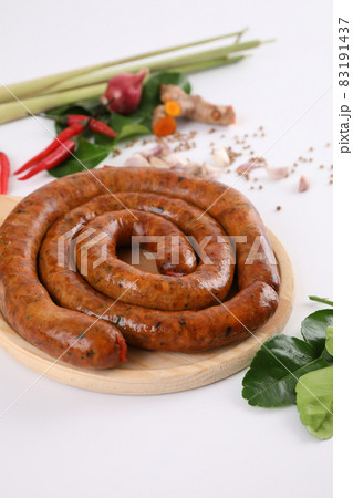 Local Northern Thai food , Northern Thai spicy sausage street food isolated in white background Local Northern Thai food , Northern Thai spicy sausage street food isolated in white background 83191437