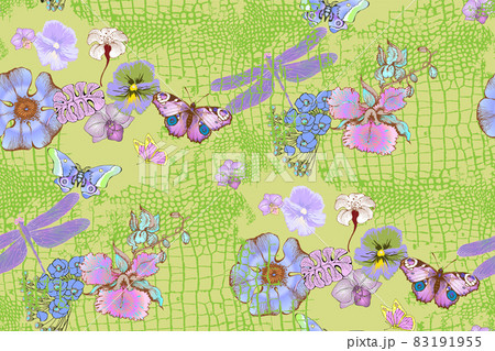Seamless pattern. Flowers, butterflies and dragonflies. Green background.  83191955