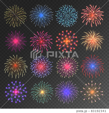 Colorful festive fireworks collection. Realistic firework, sparkling fire burst. Bursting Colorful festive fireworks collection. Realistic firework, sparkling fire burst. Bursting 83192341