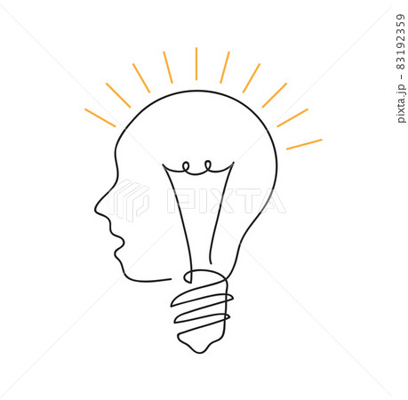 Human head lightbulb glows. Idea Concept. Continuous line art drawing. Hand drawn doodle vector illustration in a continuous line. Line art decorative design 83192359