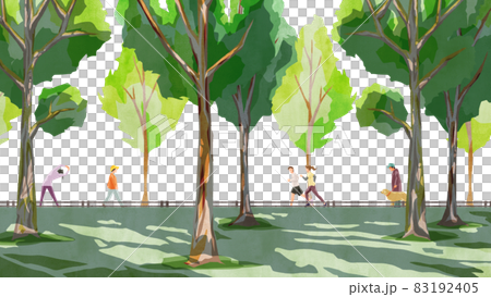 Handwritten watercolor style illustration of a park with sunlight through the trees 83192405