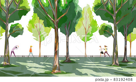 木漏れ日のある公園の手書き水彩風イラストのイラスト素材
