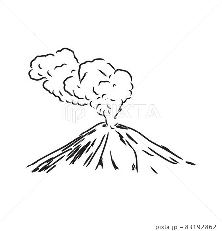 Vector draw sketch of the volcano. The eruption and smoke against the sky with clouds. 83192862