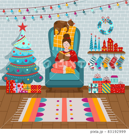 Christmas Room Interior with Girl in Sweater Christmas Room Interior with Girl in Sweater 83192999