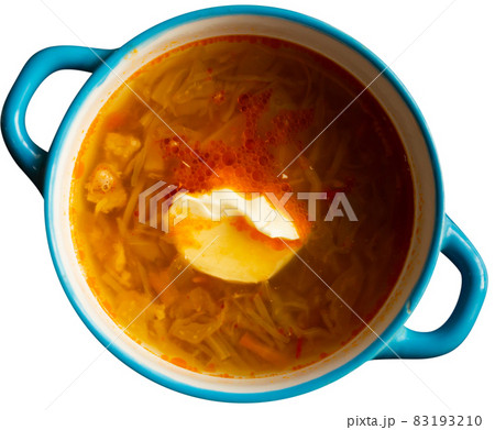 Ukrainian-style cabbage soup Shchi of pork broth with vegetables 83193210