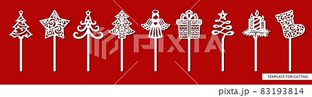 Set of New years decorations - toppers for cakes with Christmas tree, star, gift, angel, sock, gift, candles. Template for laser cutting, wood carving, paper cut and printing. Vector illustration. 83193814