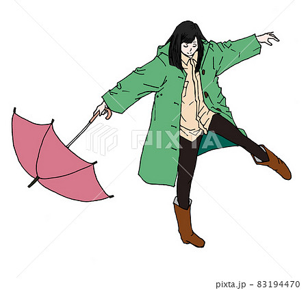 雨があがってうれしくてカサを下ろして踊り出す女性（カラー） 83194470